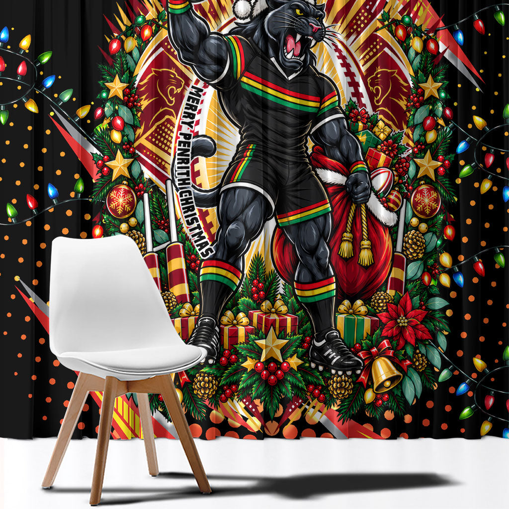 Personalized Penrith Panthers Rugby Christmas Window Curtain Holiday Mascot Graphic Art Festive Lights Bow