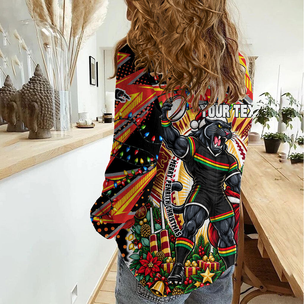 Personalized Penrith Panthers Rugby Christmas Women Casual Shirt Holiday Mascot Graphic Art Festive Lights Bow