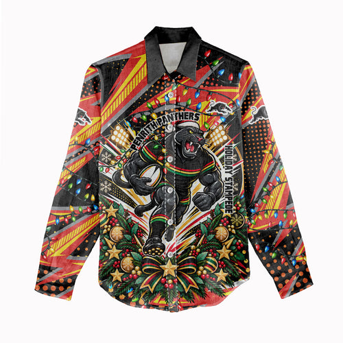 Personalized Penrith Panthers Rugby Christmas Women Casual Shirt Holiday Mascot Graphic Art Festive Lights Bow