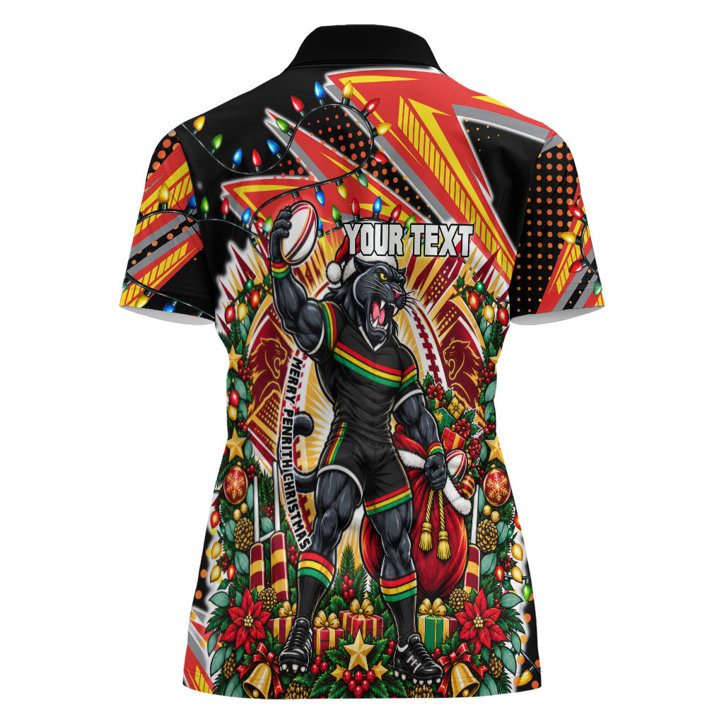 Personalized Penrith Panthers Rugby Christmas Women Polo Shirt Holiday Mascot Graphic Art Festive Lights Bow