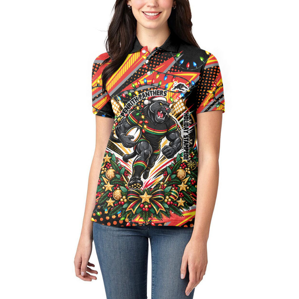 Personalized Penrith Panthers Rugby Christmas Women Polo Shirt Holiday Mascot Graphic Art Festive Lights Bow