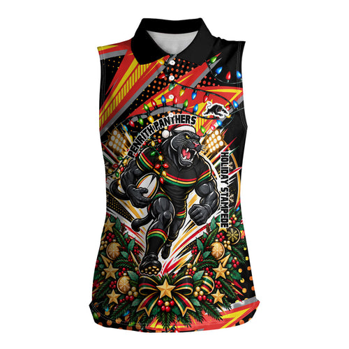 Personalized Penrith Panthers Rugby Christmas Women Sleeveless Polo Shirt Holiday Mascot Graphic Art Festive Lights Bow