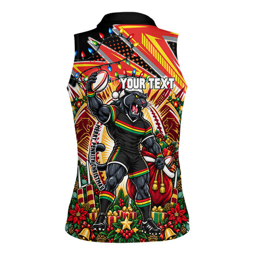 Personalized Penrith Panthers Rugby Christmas Women Sleeveless Polo Shirt Holiday Mascot Graphic Art Festive Lights Bow