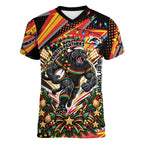 Personalized Penrith Panthers Rugby Christmas Women V-Neck T-Shirt Holiday Mascot Graphic Art Festive Lights Bow