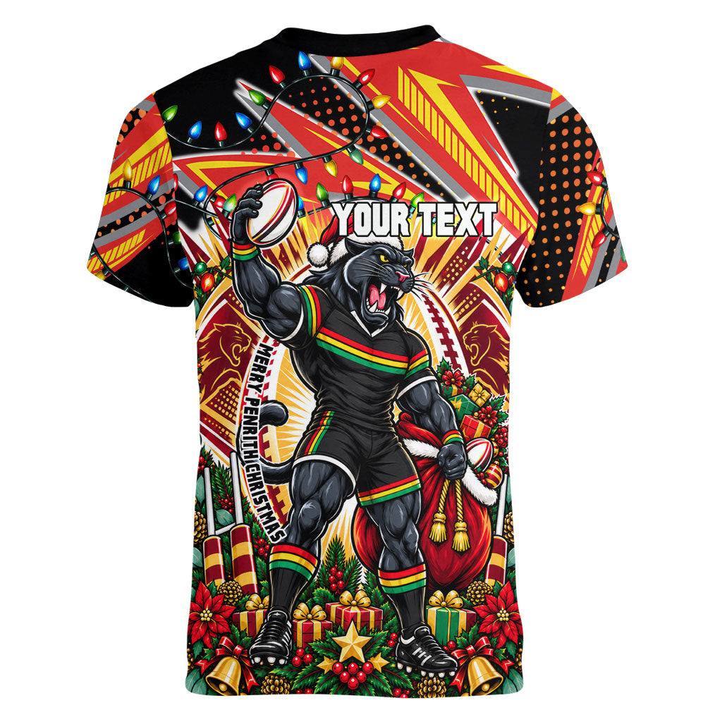 Personalized Penrith Panthers Rugby Christmas Women V-Neck T-Shirt Holiday Mascot Graphic Art Festive Lights Bow