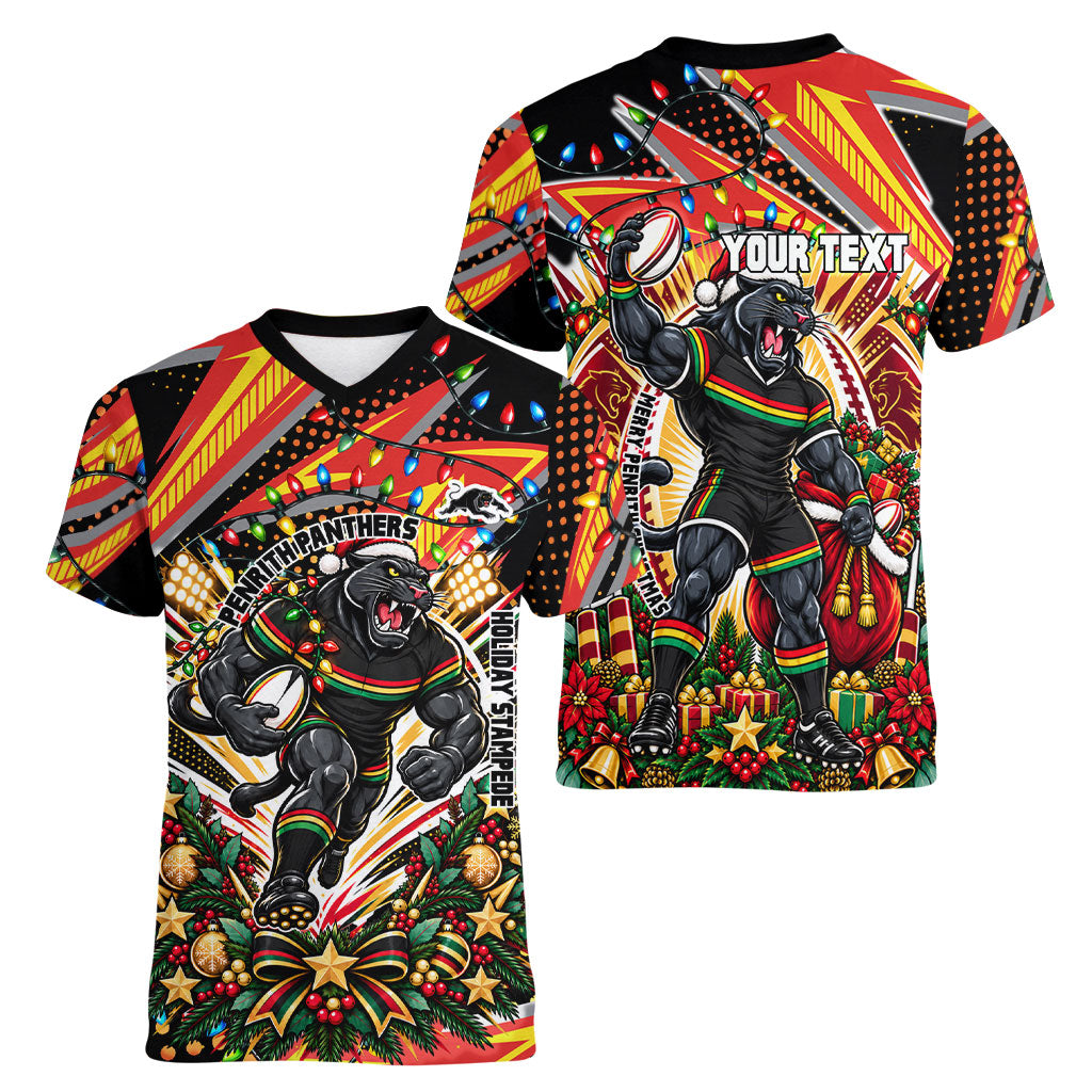 Personalized Penrith Panthers Rugby Christmas Women V-Neck T-Shirt Holiday Mascot Graphic Art Festive Lights Bow