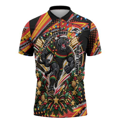 Personalized Penrith Panthers Rugby Christmas Zipper Polo Shirt Holiday Mascot Graphic Art Festive Lights Bow