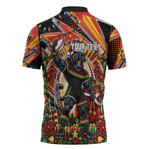 Personalized Penrith Panthers Rugby Christmas Zipper Polo Shirt Holiday Mascot Graphic Art Festive Lights Bow