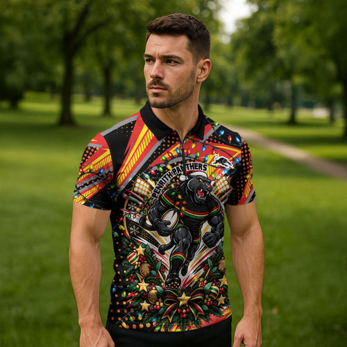 Personalized Penrith Panthers Rugby Christmas Zipper Polo Shirt Holiday Mascot Graphic Art Festive Lights Bow