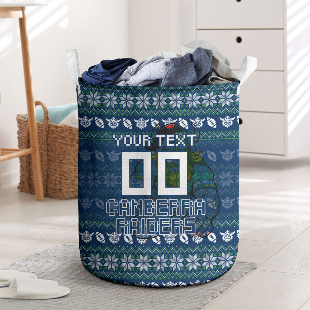 Personalized Canberra Raiders Christmas Laundry Basket Australian Rugby Fans - Pixelated Ugly Xmas Pattern Mascot Santa