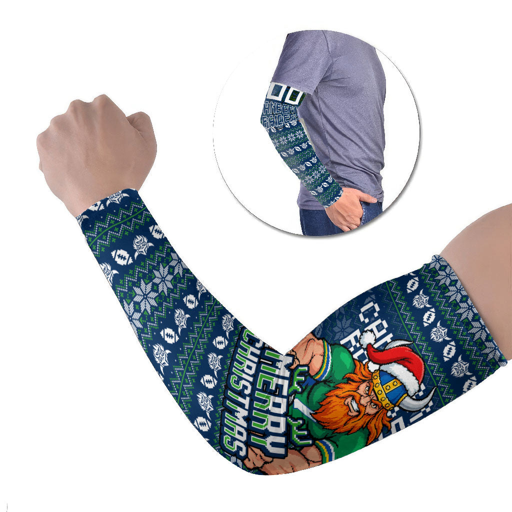 Personalized Canberra Raiders Christmas Arm Sleeves Australian Rugby Fans - Pixelated Ugly Xmas Pattern Mascot Santa