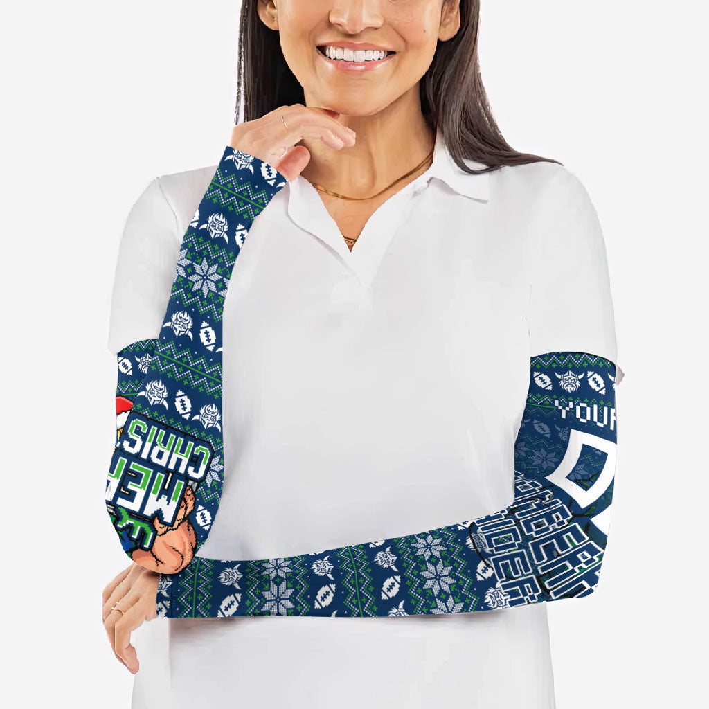 Personalized Canberra Raiders Christmas Arm Sleeves Australian Rugby Fans - Pixelated Ugly Xmas Pattern Mascot Santa