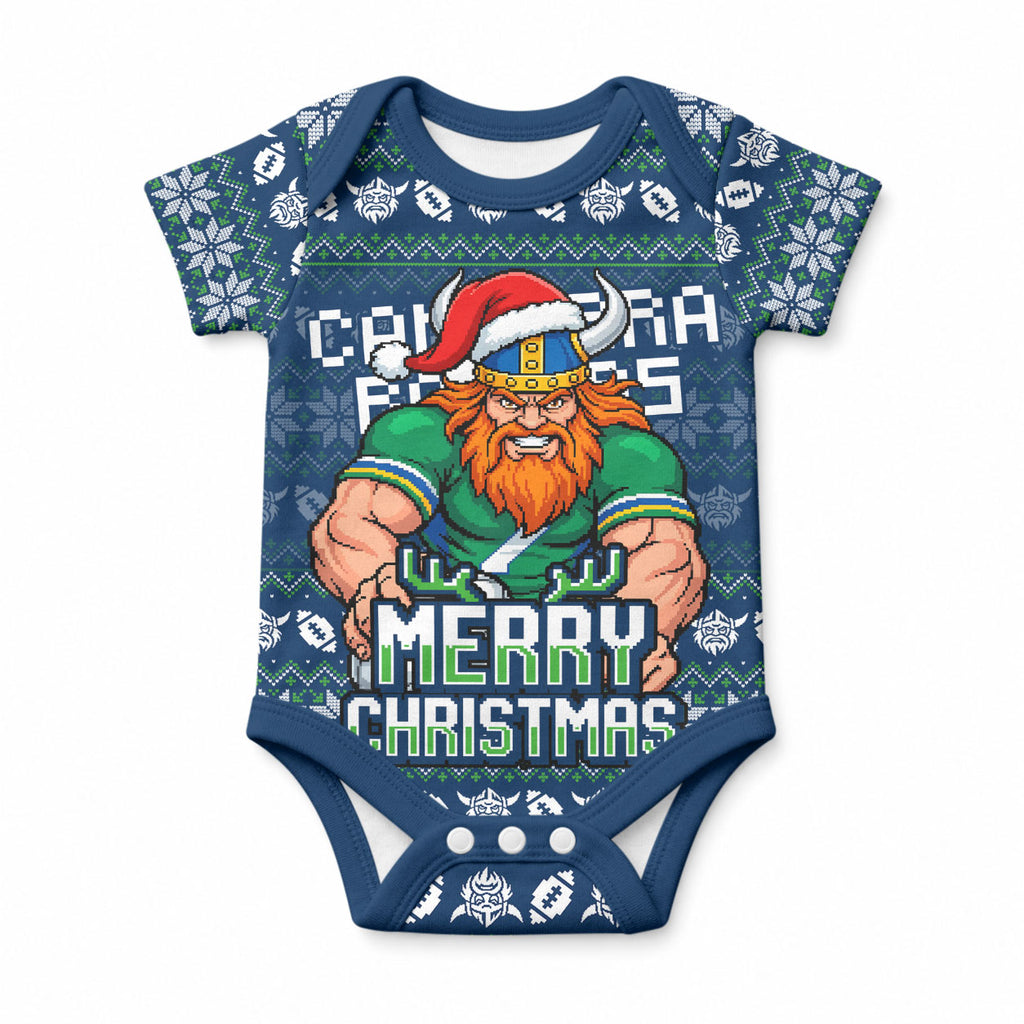 Personalized Canberra Raiders Christmas Baby Onesie Australian Rugby Fans - Pixelated Ugly Xmas Pattern Mascot Santa
