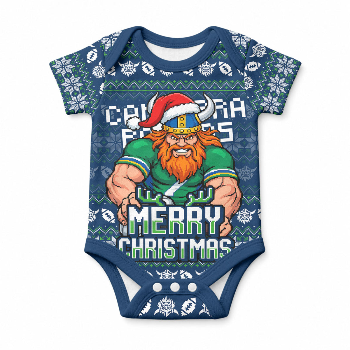Personalized Canberra Raiders Christmas Baby Onesie Australian Rugby Fans - Pixelated Ugly Xmas Pattern Mascot Santa