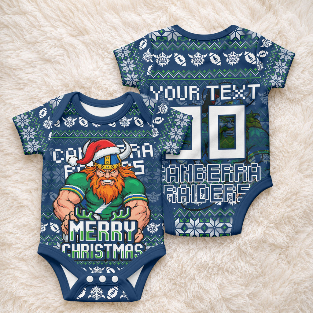 Personalized Canberra Raiders Christmas Baby Onesie Australian Rugby Fans - Pixelated Ugly Xmas Pattern Mascot Santa