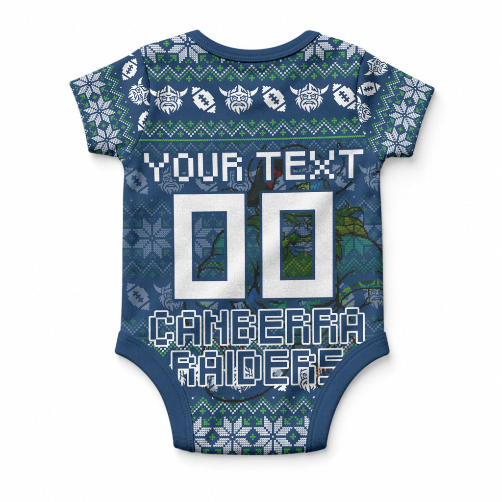 Personalized Canberra Raiders Christmas Baby Onesie Australian Rugby Fans - Pixelated Ugly Xmas Pattern Mascot Santa