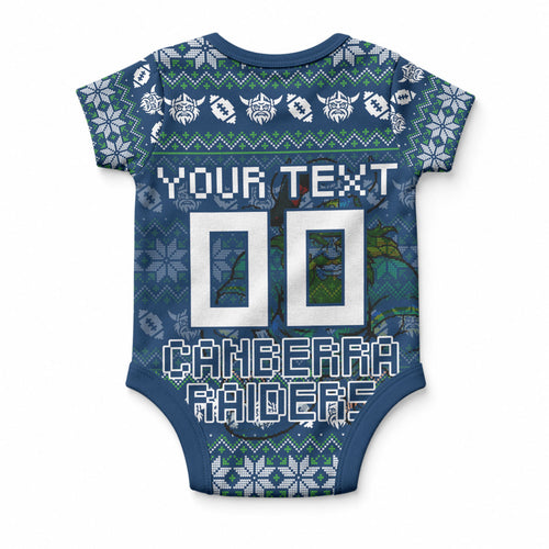 Personalized Canberra Raiders Christmas Baby Onesie Australian Rugby Fans - Pixelated Ugly Xmas Pattern Mascot Santa