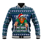 Personalized Canberra Raiders Christmas Baseball Jacket Australian Rugby Fans - Pixelated Ugly Xmas Pattern Mascot Santa