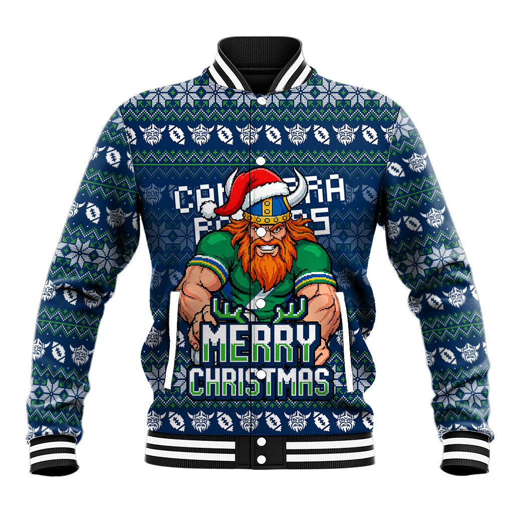 Personalized Canberra Raiders Christmas Baseball Jacket Australian Rugby Fans - Pixelated Ugly Xmas Pattern Mascot Santa
