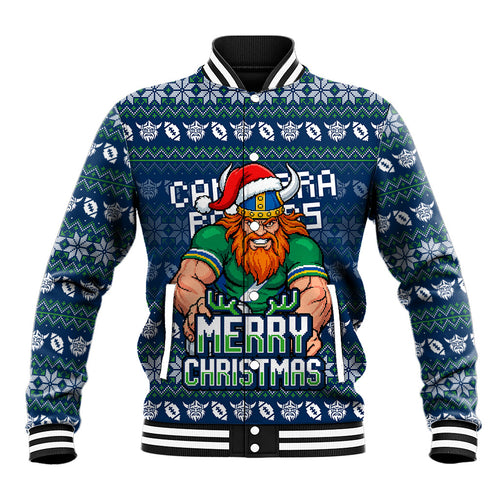 Personalized Canberra Raiders Christmas Baseball Jacket Australian Rugby Fans - Pixelated Ugly Xmas Pattern Mascot Santa