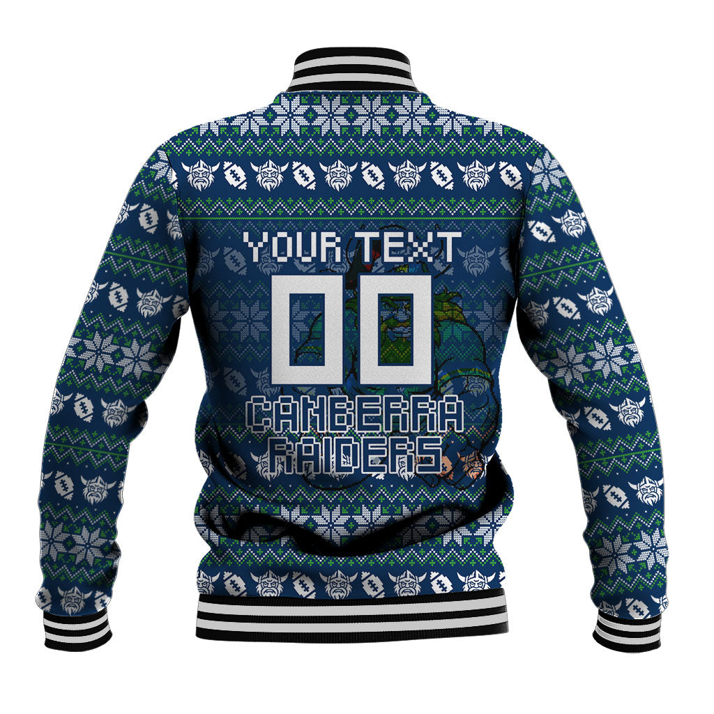 Personalized Canberra Raiders Christmas Baseball Jacket Australian Rugby Fans - Pixelated Ugly Xmas Pattern Mascot Santa