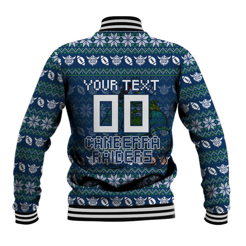 Personalized Canberra Raiders Christmas Baseball Jacket Australian Rugby Fans - Pixelated Ugly Xmas Pattern Mascot Santa