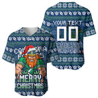 Personalized Canberra Raiders Christmas Baseball Jersey Australian Rugby Fans - Pixelated Ugly Xmas Pattern Mascot Santa