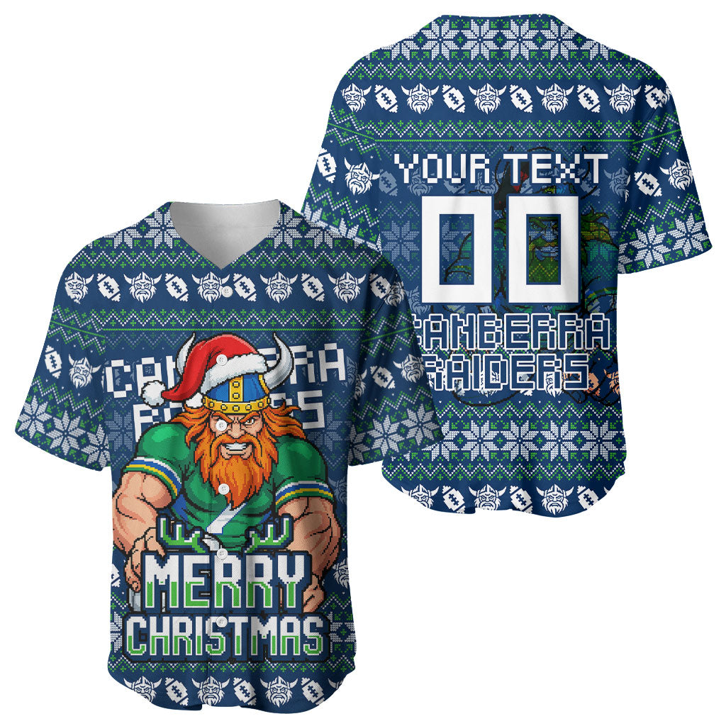 Personalized Canberra Raiders Christmas Baseball Jersey Australian Rugby Fans - Pixelated Ugly Xmas Pattern Mascot Santa