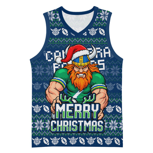 Personalized Canberra Raiders Christmas Basketball Jersey Australian Rugby Fans - Pixelated Ugly Xmas Pattern Mascot Santa