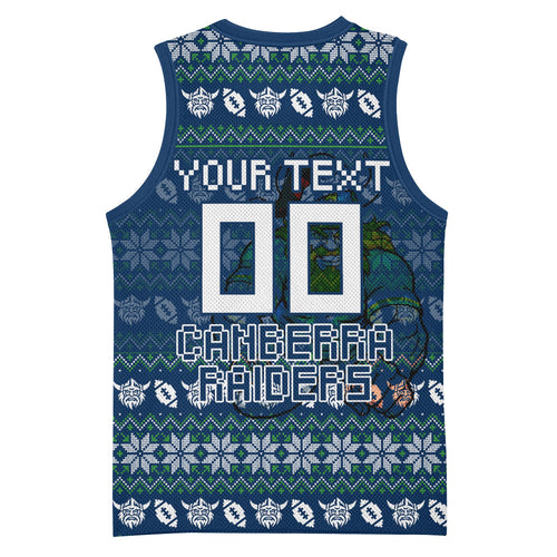 Personalized Canberra Raiders Christmas Basketball Jersey Australian Rugby Fans - Pixelated Ugly Xmas Pattern Mascot Santa