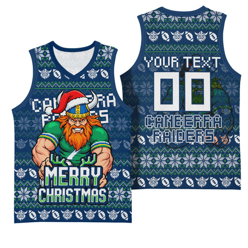 Personalized Canberra Raiders Christmas Basketball Jersey Australian Rugby Fans - Pixelated Ugly Xmas Pattern Mascot Santa