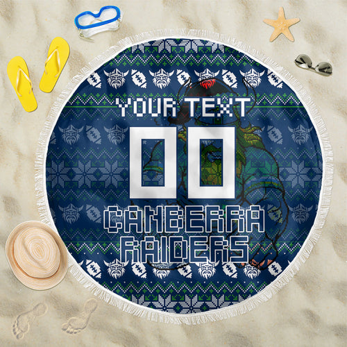 Personalized Canberra Raiders Christmas Beach Blanket Australian Rugby Fans - Pixelated Ugly Xmas Pattern Mascot Santa