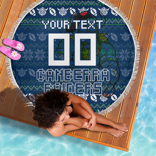Personalized Canberra Raiders Christmas Beach Blanket Australian Rugby Fans - Pixelated Ugly Xmas Pattern Mascot Santa