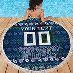 Personalized Canberra Raiders Christmas Beach Blanket Australian Rugby Fans - Pixelated Ugly Xmas Pattern Mascot Santa