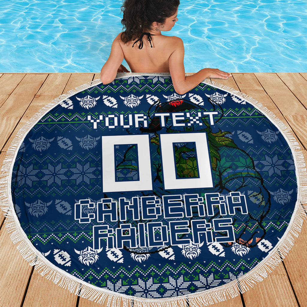 Personalized Canberra Raiders Christmas Beach Blanket Australian Rugby Fans - Pixelated Ugly Xmas Pattern Mascot Santa