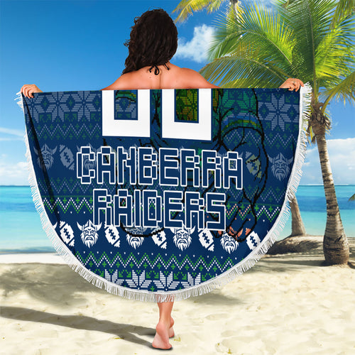 Personalized Canberra Raiders Christmas Beach Blanket Australian Rugby Fans - Pixelated Ugly Xmas Pattern Mascot Santa