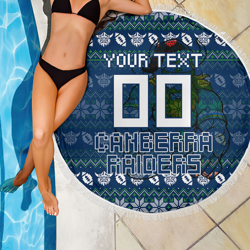 Personalized Canberra Raiders Christmas Beach Blanket Australian Rugby Fans - Pixelated Ugly Xmas Pattern Mascot Santa