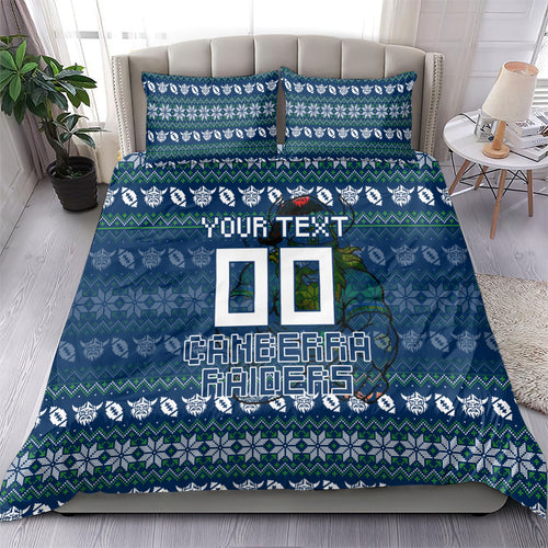 Personalized Canberra Raiders Christmas Bedding Set Australian Rugby Fans - Pixelated Ugly Xmas Pattern Mascot Santa