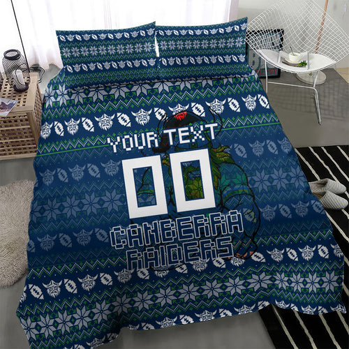 Personalized Canberra Raiders Christmas Bedding Set Australian Rugby Fans - Pixelated Ugly Xmas Pattern Mascot Santa