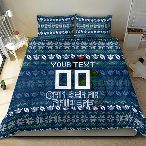 Personalized Canberra Raiders Christmas Bedding Set Australian Rugby Fans - Pixelated Ugly Xmas Pattern Mascot Santa