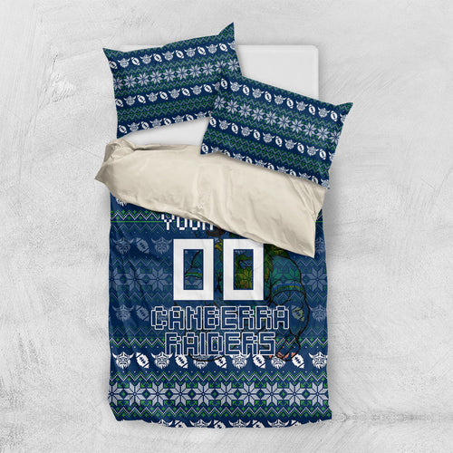 Personalized Canberra Raiders Christmas Bedding Set Australian Rugby Fans - Pixelated Ugly Xmas Pattern Mascot Santa