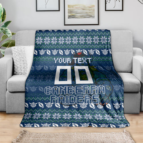 Personalized Canberra Raiders Christmas Blanket Australian Rugby Fans - Pixelated Ugly Xmas Pattern Mascot Santa