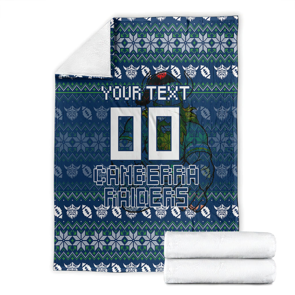 Personalized Canberra Raiders Christmas Blanket Australian Rugby Fans - Pixelated Ugly Xmas Pattern Mascot Santa