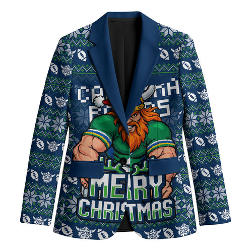 Personalized Canberra Raiders Christmas Blazer Australian Rugby Fans - Pixelated Ugly Xmas Pattern Mascot Santa