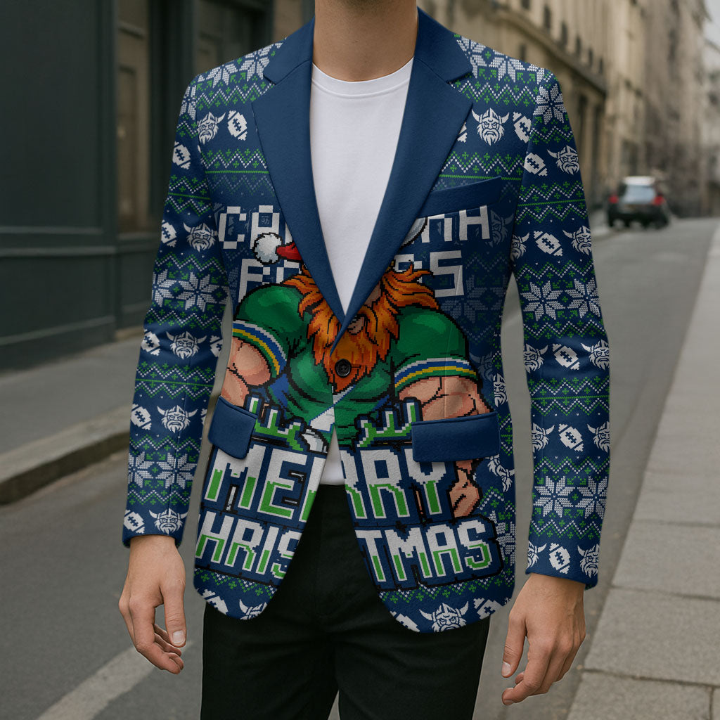 Personalized Canberra Raiders Christmas Blazer Australian Rugby Fans - Pixelated Ugly Xmas Pattern Mascot Santa