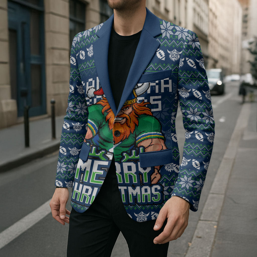 Personalized Canberra Raiders Christmas Blazer Australian Rugby Fans - Pixelated Ugly Xmas Pattern Mascot Santa