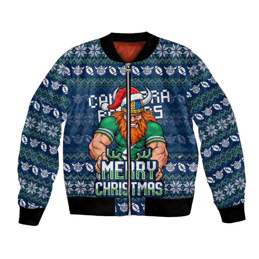 Personalized Canberra Raiders Christmas Bomber Jacket Australian Rugby Fans - Pixelated Ugly Xmas Pattern Mascot Santa