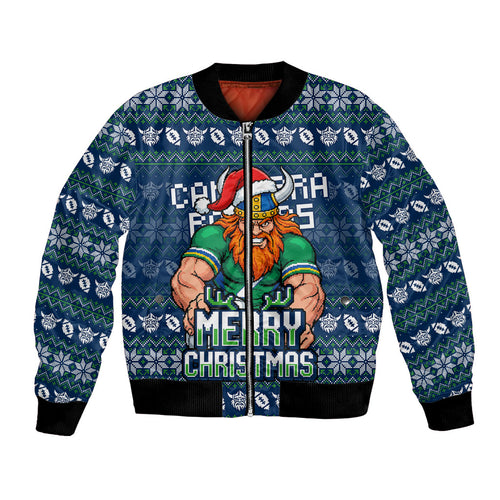 Personalized Canberra Raiders Christmas Bomber Jacket Australian Rugby Fans - Pixelated Ugly Xmas Pattern Mascot Santa