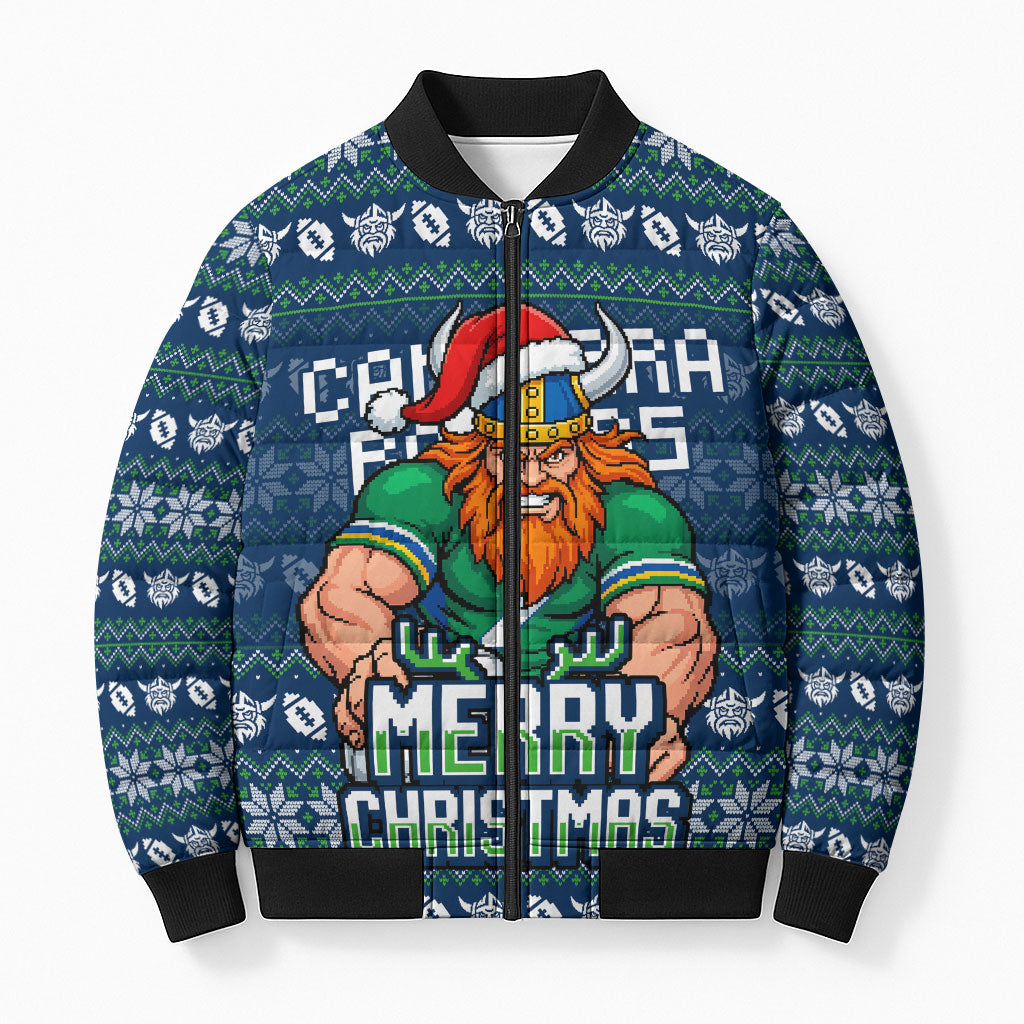 Personalized Canberra Raiders Christmas Bomber Puffer Jacket Australian Rugby Fans - Pixelated Ugly Xmas Pattern Mascot Santa