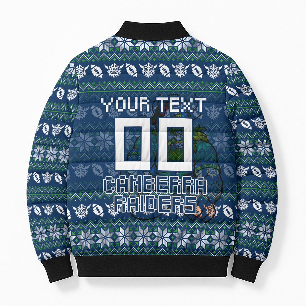 Personalized Canberra Raiders Christmas Bomber Puffer Jacket Australian Rugby Fans - Pixelated Ugly Xmas Pattern Mascot Santa